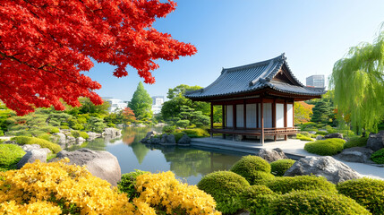 Autumnal Japanese garden with pond, pavilion, and vibrant foliage; serene landscape for travel brochure