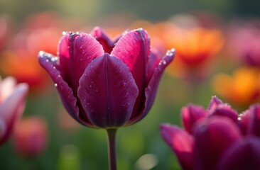 Fototapeta premium Deep purple tulip with fresh dewdrops on its petals in a vibrant field of tulips bathed in warm sunlight