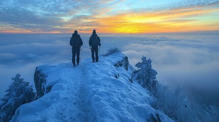 Hikers on Snowy Peak Witnessing a Stunning Sunrise
