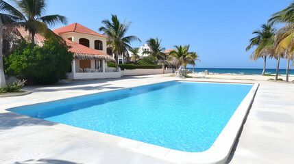 Beachfront villa pool, ocean view, tropical paradise, vacation rental
