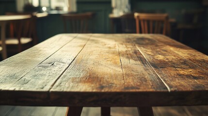 Rustic wooden table in sunlit room with chairs and natural light ambiance
