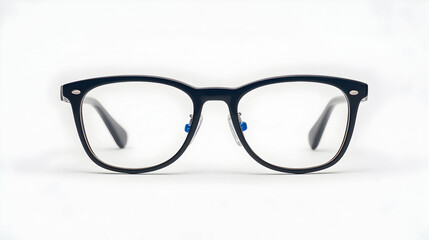 Fototapeta premium Black square eyeglasses, frontal view, white background, optical clarity