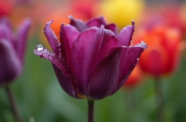 Fototapeta premium Close-up of a deep purple tulip with water droplets, featuring a large droplet on a petal, surrounded by blurred red, yellow, and orange tulips in the background
