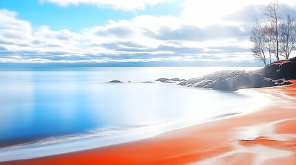 Calm lake shore, red sand beach, birch trees, sunny sky, peaceful landscape, travel poster