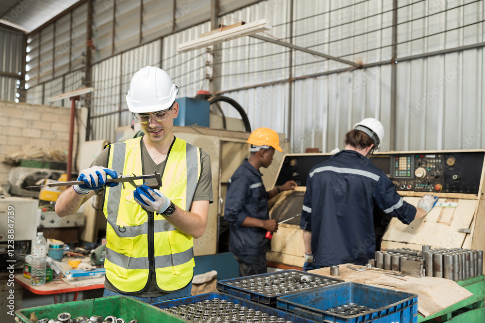 Aufkleber professional male engineer inspecting of parts of cnc machine in industry factory. male worker check