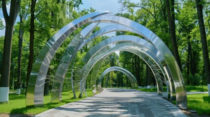Modern arch in an outdoor park with glass and metal elements.