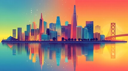 Fototapeta premium Vibrant City Skyline Sunset Reflection