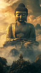 Majestic Buddha Statue in Misty Mountains with Golden Light – Serene and Mystical Scene