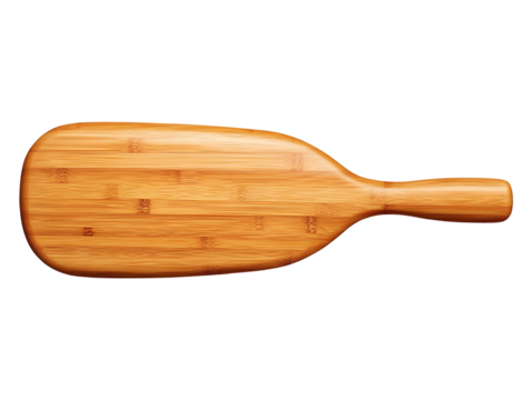 Elegant bamboo cutting board, paddle shape kitchen utensil isolated on transparent background, PNG, cut out 