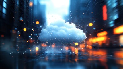 Cloud computing technology enables seamless networking and efficient deployment. A city street scene with a cloud and rain reflections at night.