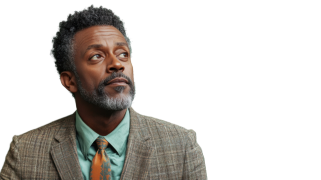 Pensive senior businessman looking up on transparent background