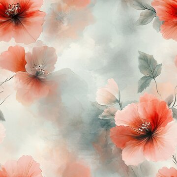 Watercolor Style Floral Seamless Pattern, Loopable Design with Blurred Flowers, Red Poppies and Dark Blue Leaves, Romantic Boho Fabric and Soft Botanical Wallpaper Print.