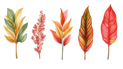 Fototapeta premium Set of isolated tropical leaves and exotic flowers for design elements.