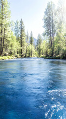 Naklejka premium Clear river flows through lush forest, sunlit mountains in background. Ideal for travel brochures
