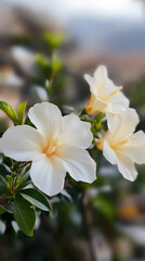 Obraz premium Close-up of creamy white hibiscus flowers, blurred garden background, serene nature scene, perfect for greeting cards