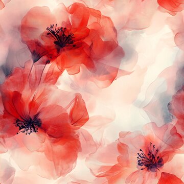 Watercolor Style Floral Seamless Pattern, Loopable Design with Blurred Flowers, Red Poppies and Dark Blue Leaves, Romantic Boho Fabric and Soft Botanical Wallpaper Print.