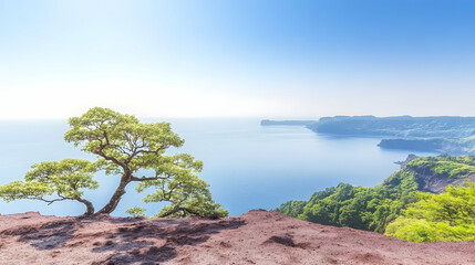Obraz premium Coastal tree serene clifftop ocean view; tranquil seascape, perfect for travel brochures