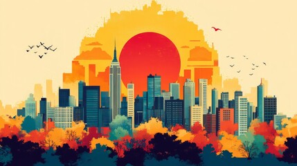 Autumn City Skyline at Sunset