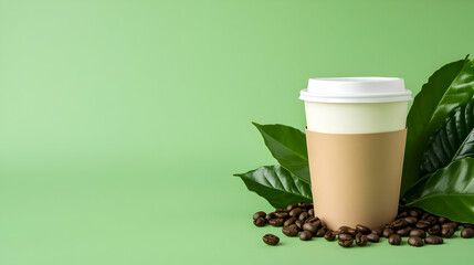 Coffee cup, beans, leaves, green background; ideal for cafe menu or coffee shop advertising