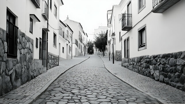 Fototapeta Cobblestone street uphill, old town, Portugal, quiet morning, travel destination