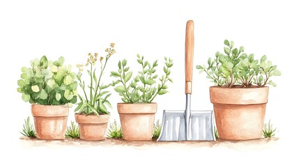 Watercolor Painting Of Potted Herbs And Gardening Tool