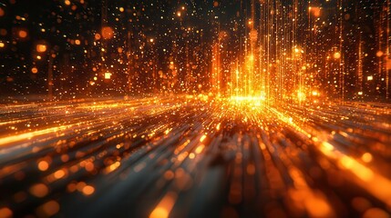 Cloud computing technology enables seamless networking and efficient deployment. Vibrant orange particles and beams create a dynamic abstract background.