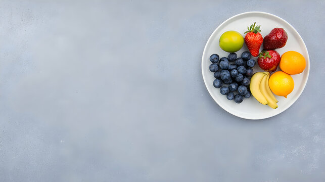 Colorful fruit platter on grey background; healthy eating concept; recipe website or blog use