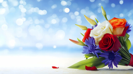 Colorful rose bouquet on beach, summer celebration, bokeh background, romantic card