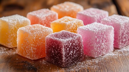 Colorful, sugared, fruit jellies arranged on wood.