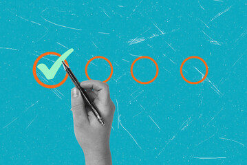 Modern art collage depicting a hand with a ballpoint pen drawing a check mark indicating progress on a blue background.
