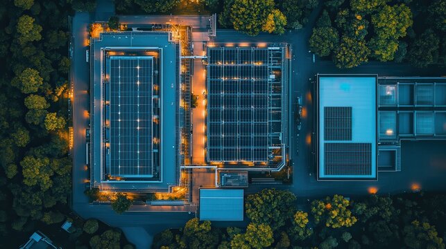 Cloud computing technology enables seamless networking and efficient deployment. Aerial view of modern buildings surrounded by greenery at night.