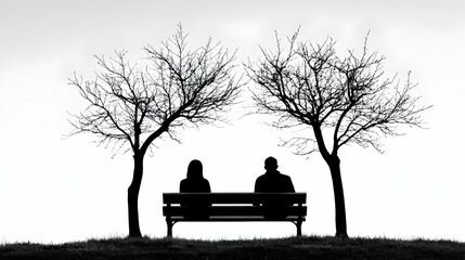 Couple silhouetted on park bench, trees background, winter day, relationship concept
