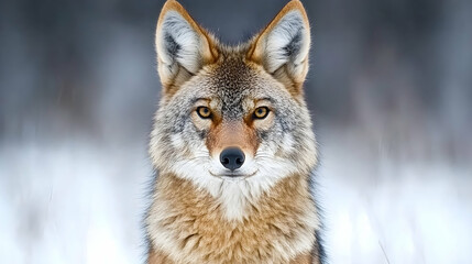 Fototapeta premium Coyotes winter portrait, snowy forest background, wildlife photography, nature documentary use