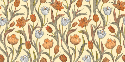 A repeating pattern of hand-drawn tulips in muted yellow, orange, and white, with green leaves on a light background.