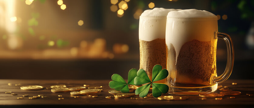 two mugs of foamy beer stand on a wooden surface. Nearby lie gold coins and a four-leaf clover. St. Patrick's Day atmosphere. copy space