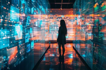 Businesswoman is standing in a corridor surrounded by interface screens with data, contemplating the future of technology
