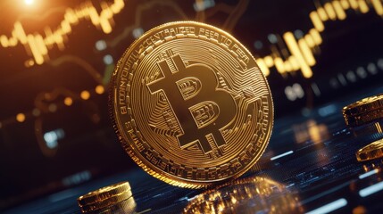 Cryptocurrency profits, Bitcoin rising on stock graph, 3D illustration. 