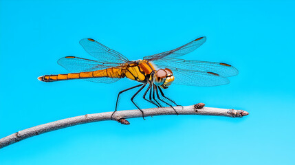 Dragonfly perched on twig, blue background, nature, insect photography, wildlife