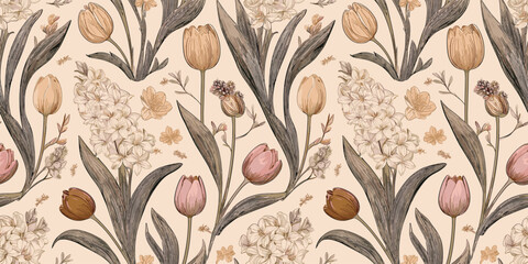 Repeating pattern of stylized tulips in muted earth tones with foliage on a light background.