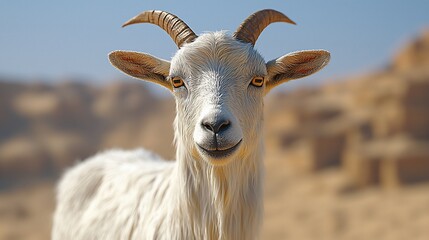 Obraz premium Desert Goat Portrait, Sunny Day, Rocky Background, Livestock Farming
