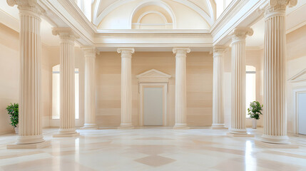 Obraz premium Elegant Classical Hallway Interior Design, Marble Floor, Sunlight, Plants