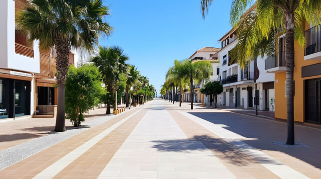 Fototapeta Empty palm-lined street, sunny coast, shops, summer vacation