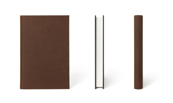 Brown standing hardcover book isolated, the view from three angles.  Cover made of natural linen fabric with uneven rough texture.