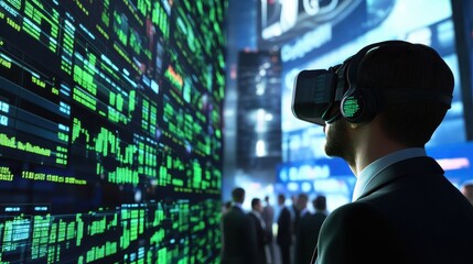 Digital economy, virtual reality trading floor, 3D illustration.