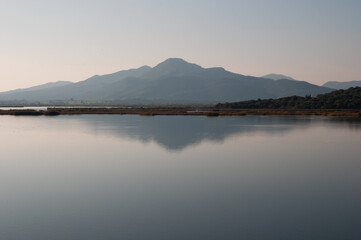 A landscape of a mountain reflected in the waters of a lagoon in Rhodia Arta. Epirus, Greece