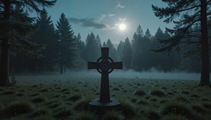 Celtic cross in misty forest under moonlight