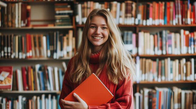 A smiling woman with blonde hair stands in front of bookshelves, holding an orange notebook and wearing red