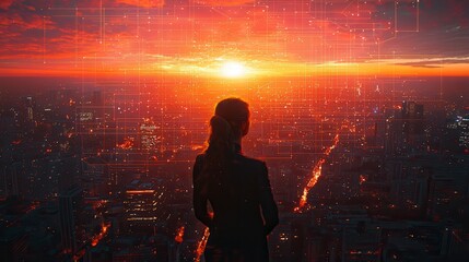 Cloud computing technology enables seamless networking and efficient deployment. Silhouette against a vibrant sunset over a cityscape with digital elements.