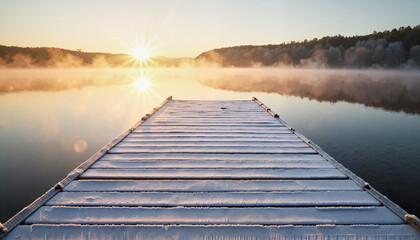 Obraz premium Frost-covered dock extending into misty lake at sunrise, winter calm
