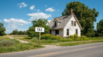 Abandoned House with Signboard on Rural Road Surrounded by Greenery and Wildflowers Under Clear Blue Sky